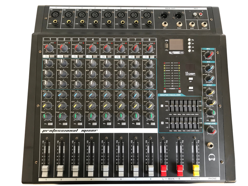 Consola mezcladora de sonido de efecto mezclador de potencia de audio de sonido profesional DMX de 8 canales